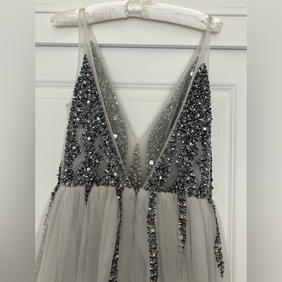 Gray Beaded V Neck Gown NWOT - Picture 3 of 12